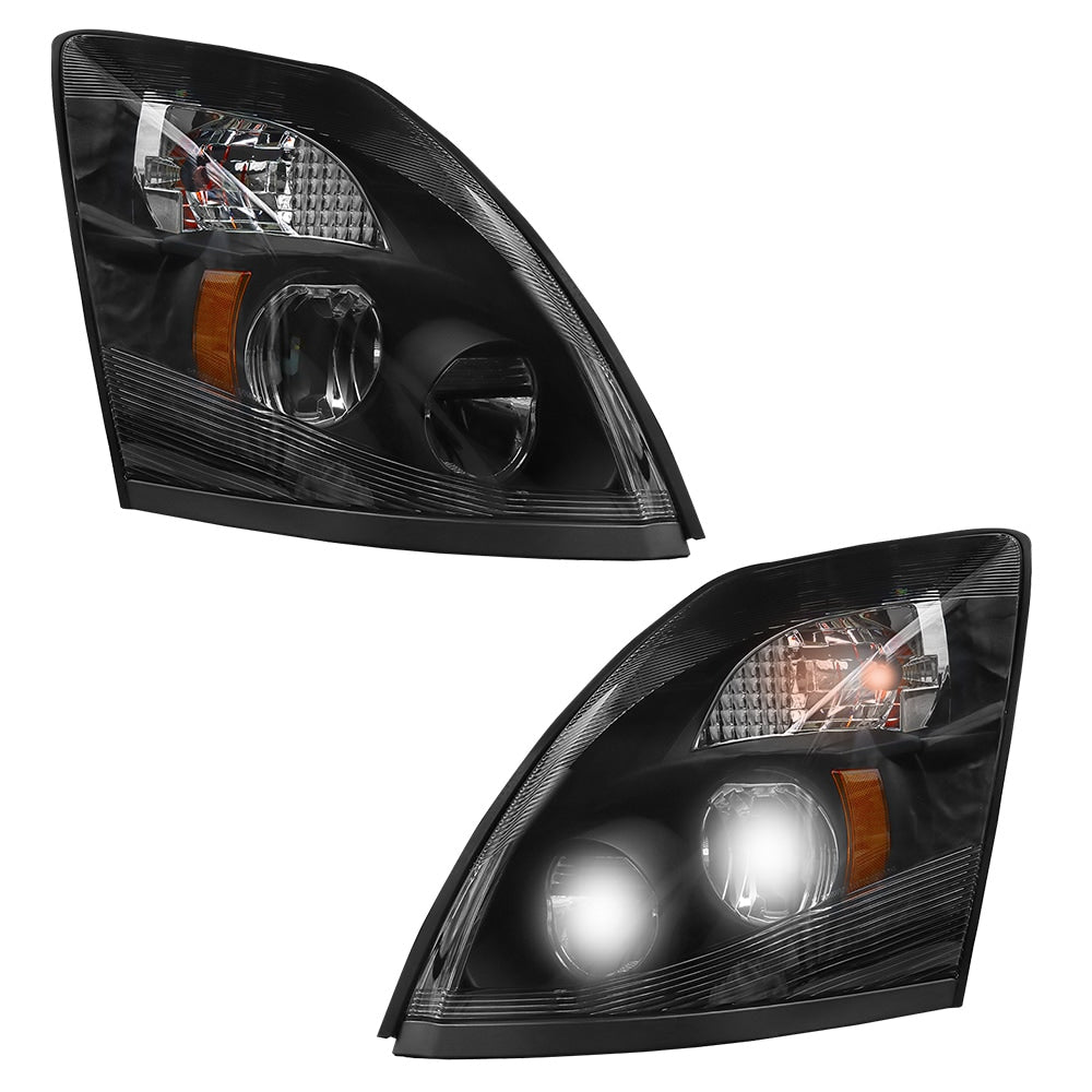 LED Headlight Assembly Fit for Volvo VNL 2004–2014, Black Housing, High/Low Beam, Driver & Passenger Side