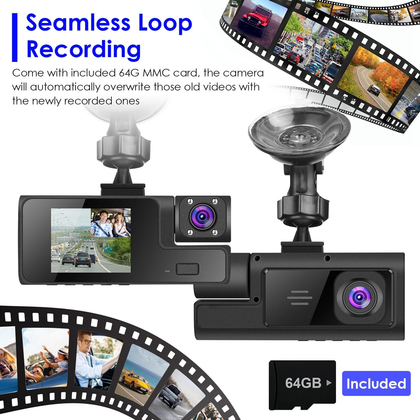 “3-Channel 1080P WiFi Car Dash Camera With Front, Rear & Inside Recording – Night Vision – 170° Wide Angle – 64GB Card Included”