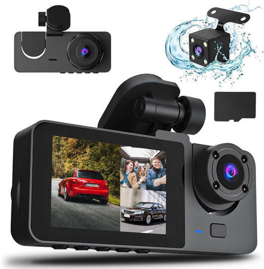 3-Channel 1080P Car Dash Camera with Front/Rear/Inside View, 32GB Card Included, 24H Parking Mode, Night Vision